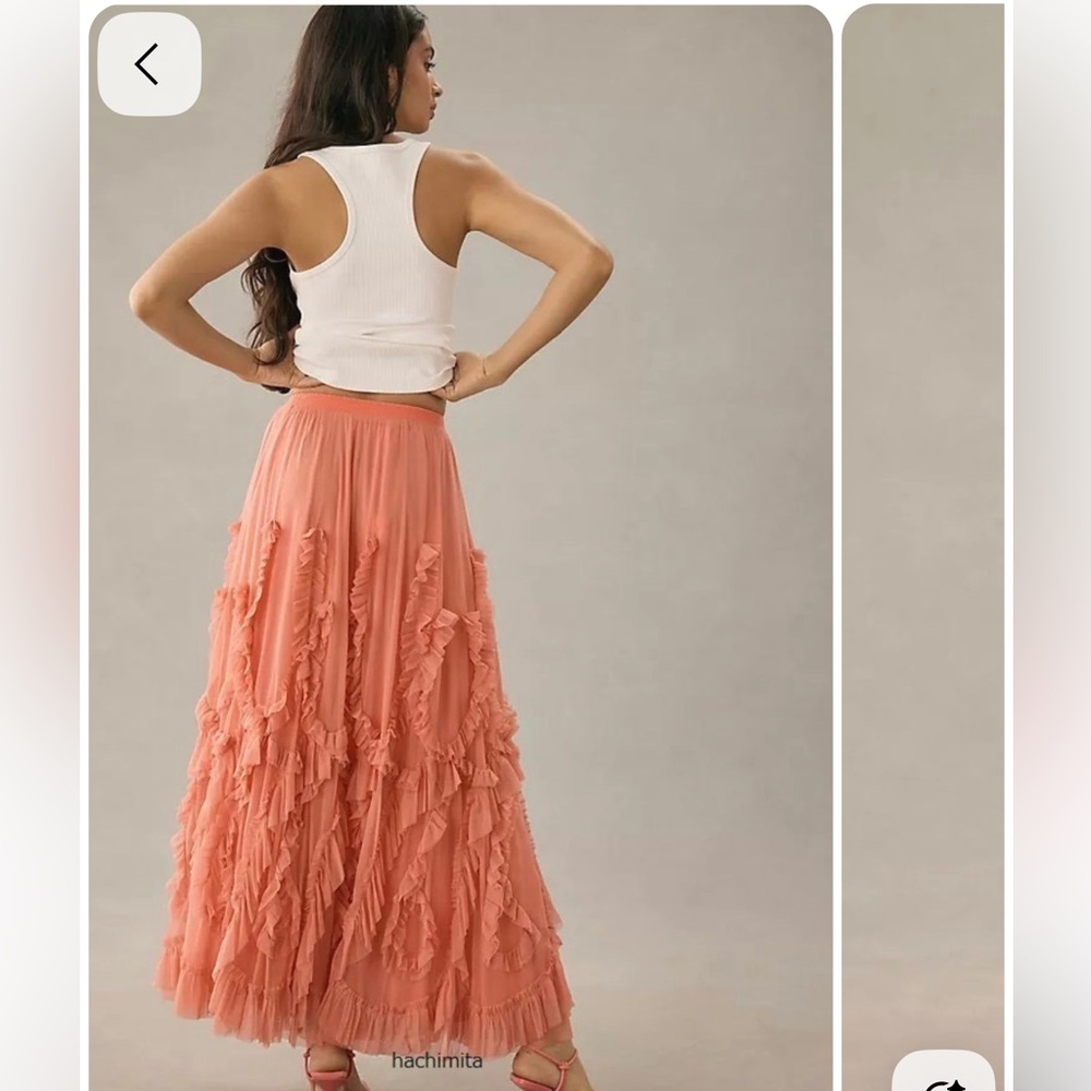 Anthro ruffle tulle & mesh midi skirt, gorgeous coral color, elastic waist, NWOT - Picture 2 of 13